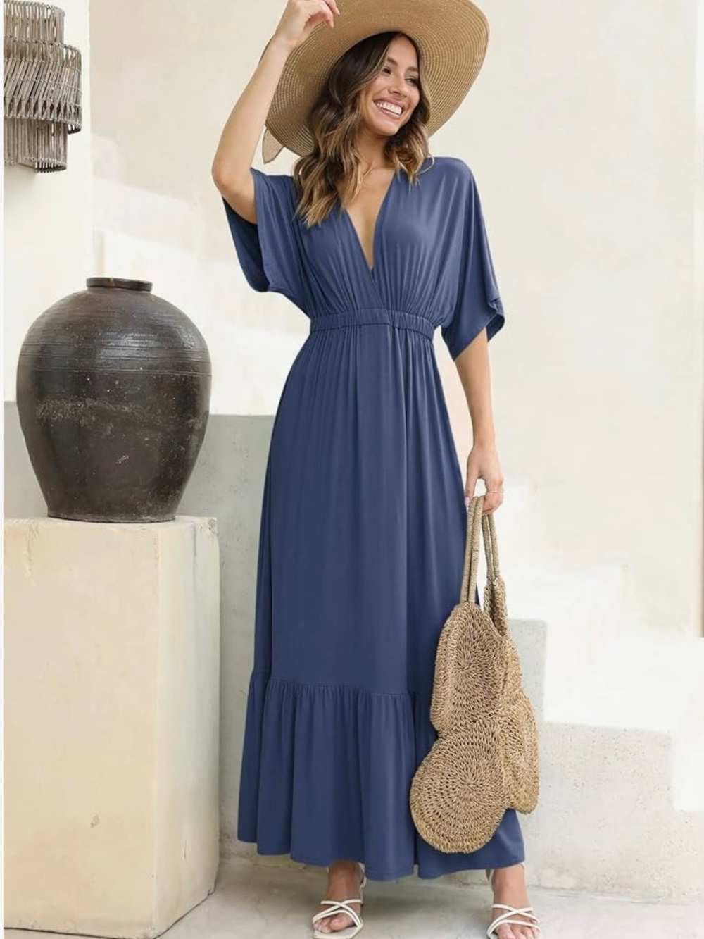 V-Neck Slate Blue Maxi Dress with Elastic Waist